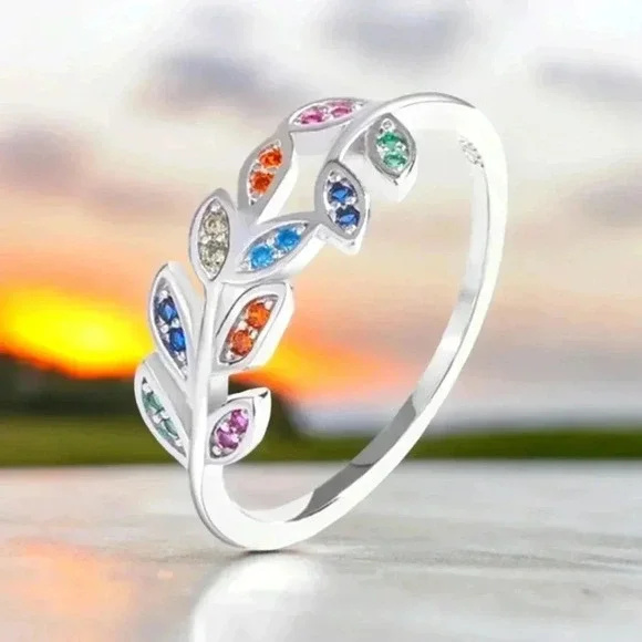 🆕️Elegant S925 Sterling Silver Leaf Ring w/ Colorful Zircons 🌿💍 Gift Box 🎁 - Picture 9 of 10
